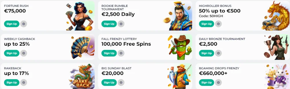KingHills promotions and tournaments dashboard with various bonus offers